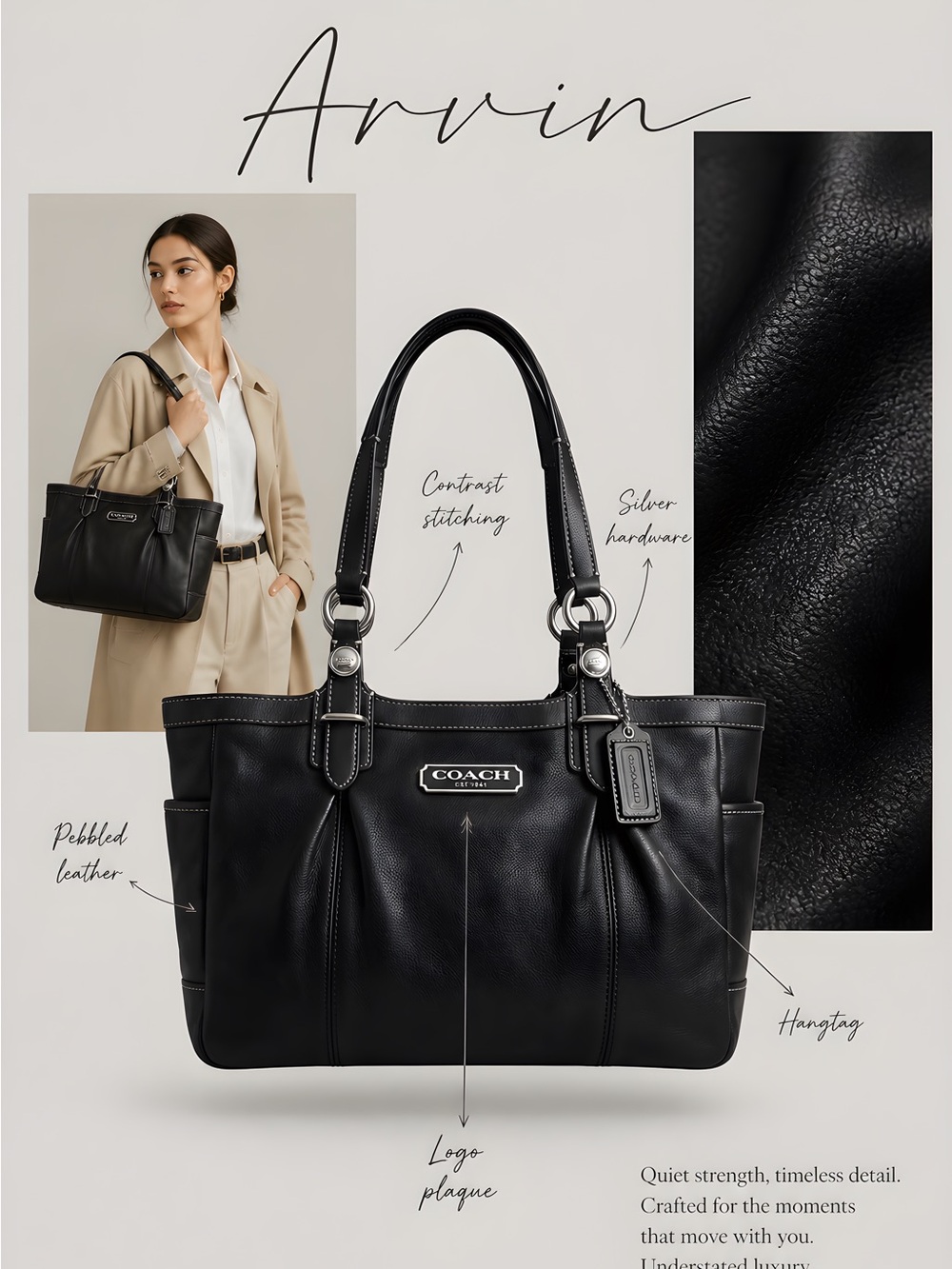 Classic Coach Black Leather Hobo Crossbody Tote
